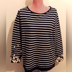 Crown & Ivy Navy and White Striped Top Accent Sequins on Sleeves! Size Medium